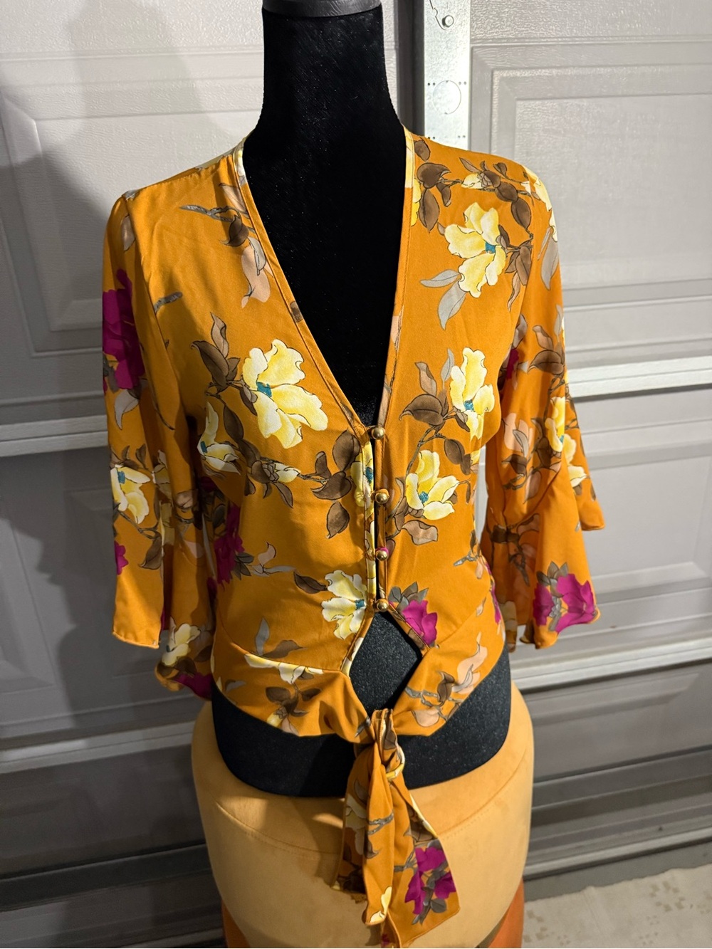 hello miss Mustard Yellow Floral Tie-Front Blouse
